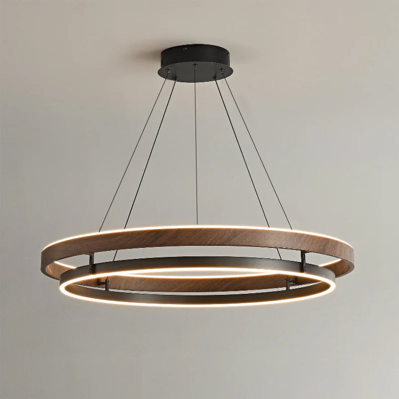 Suspended Dual-Halo LED Fixture for Dining Areas Wood-Grain Metal Ceiling Light Adjustable Height Contemporary Overhead Illumination for Kit | Thomler