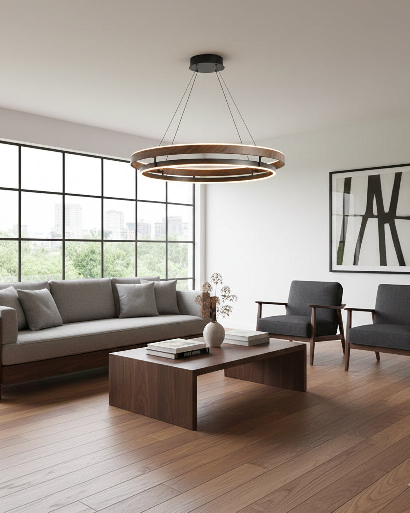 Suspended Dual-Halo LED Fixture for Dining Areas Wood-Grain Metal Ceiling Light Adjustable Height Contemporary Overhead Illumination for Kit | Thomler