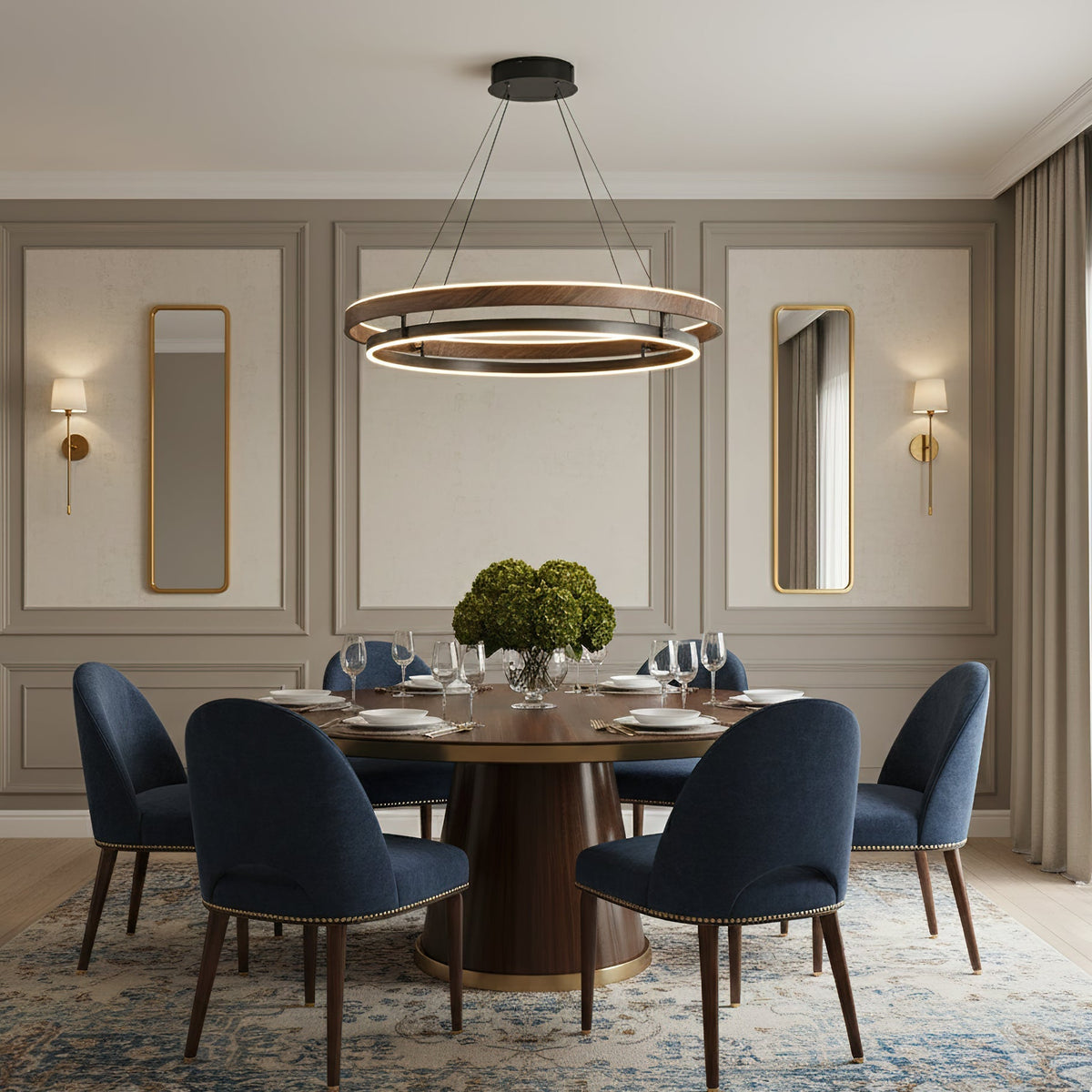 Suspended Dual-Halo LED Fixture for Dining Areas Wood-Grain Metal Ceiling Light Adjustable Height Contemporary Overhead Illumination for Kit | Thomler