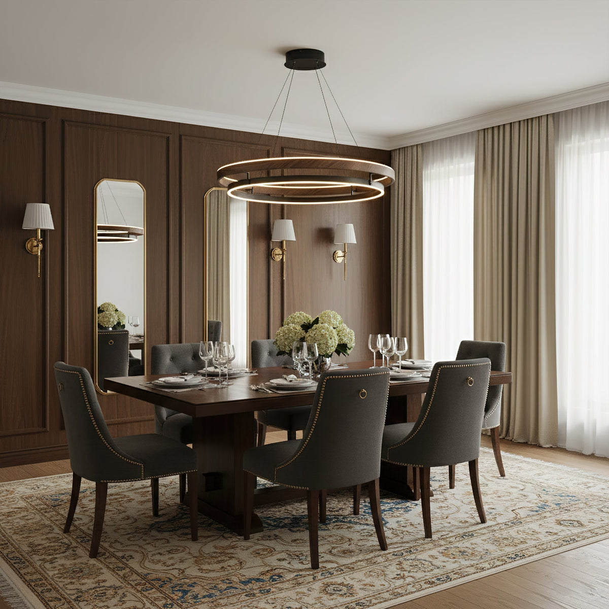 Suspended Dual-Halo LED Fixture for Dining Areas Wood-Grain Metal Ceiling Light Adjustable Height Contemporary Overhead Illumination for Kit | Thomler