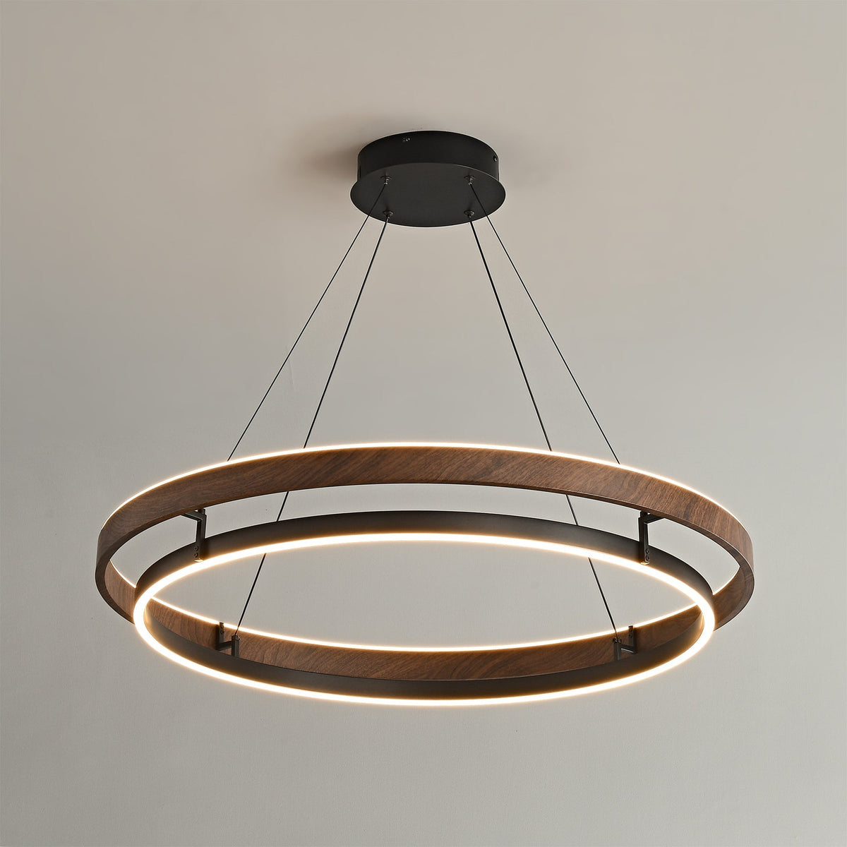 Suspended Dual-Halo LED Fixture for Dining Areas Wood-Grain Metal Ceiling Light Adjustable Height Contemporary Overhead Illumination for Kit | Thomler