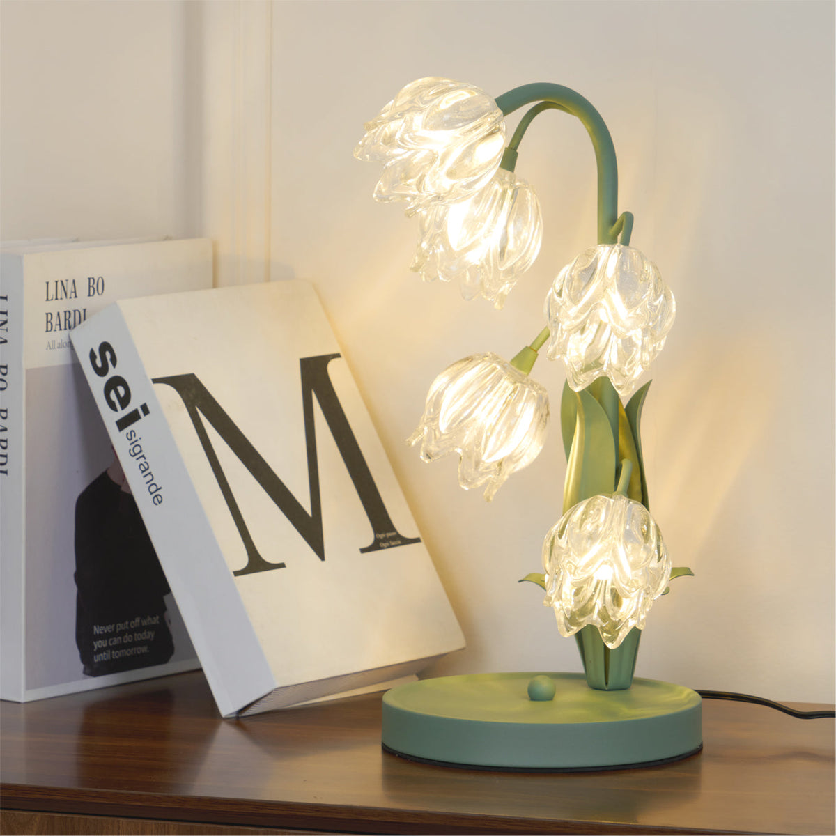 Floral Glass Shade Accent Lamp 7 Inch Green Stem Bedroom Nightstand Light Living Room Decorative Lighting Home Decor Indoor Small Bulb | Thomler
