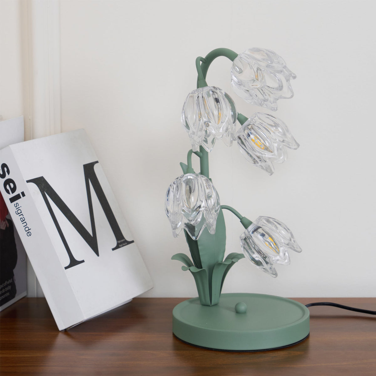 Floral Glass Shade Accent Lamp 7 Inch Green Stem Bedroom Nightstand Light Living Room Decorative Lighting Home Decor Indoor Small Bulb | Thomler