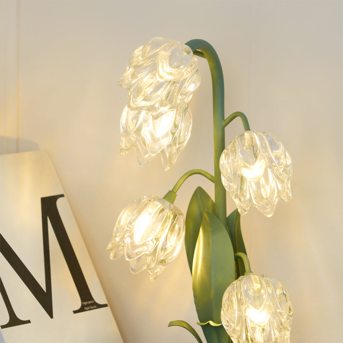 Floral Glass Shade Accent Lamp 7 Inch Green Stem Bedroom Nightstand Light Living Room Decorative Lighting Home Decor Indoor Small Bulb | Thomler