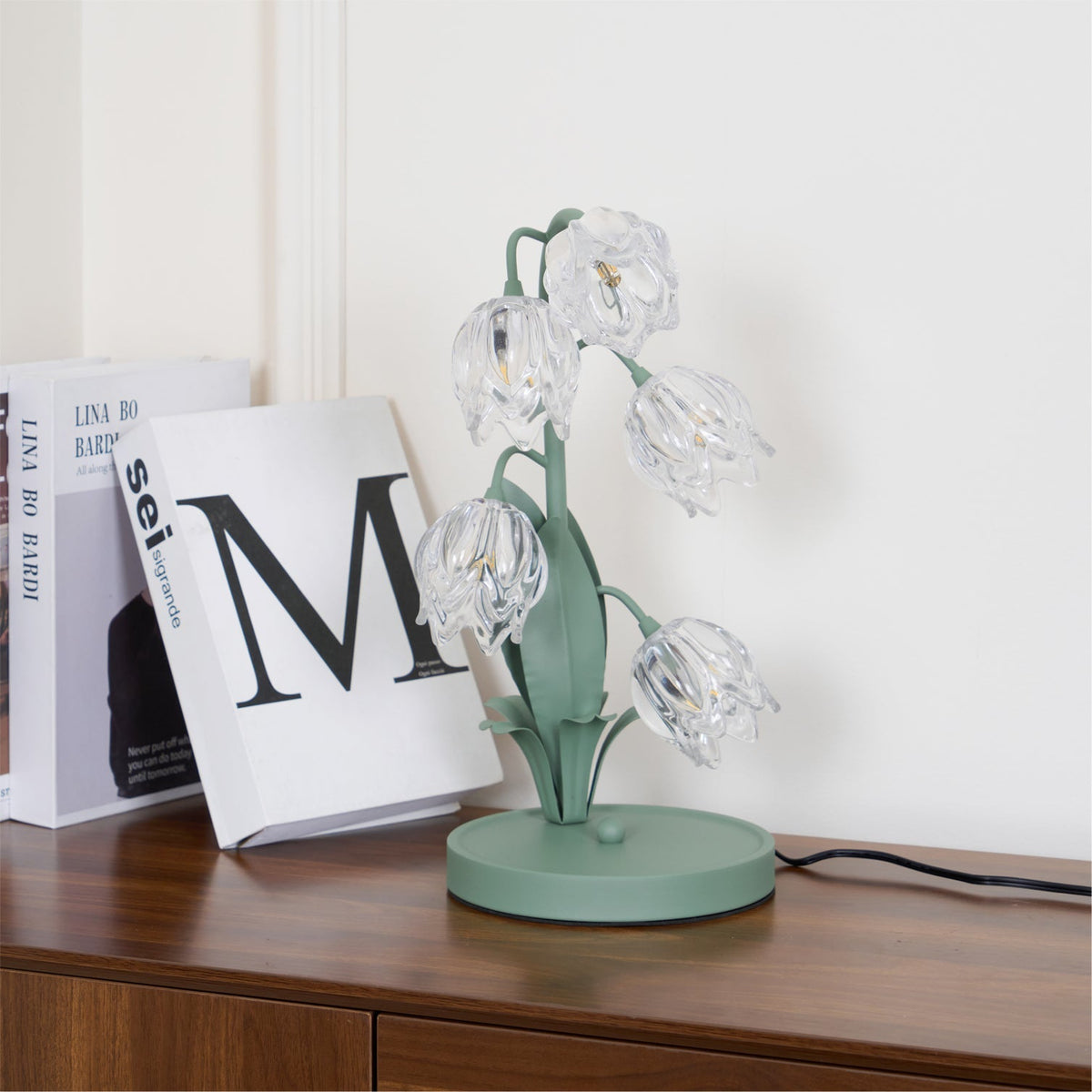 Floral Glass Shade Accent Lamp 7 Inch Green Stem Bedroom Nightstand Light Living Room Decorative Lighting Home Decor Indoor Small Bulb | Thomler