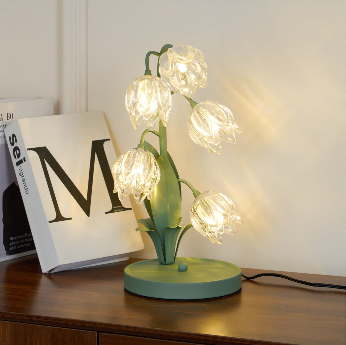 Floral Glass Shade Accent Lamp 7 Inch Green Stem Bedroom Nightstand Light Living Room Decorative Lighting Home Decor Indoor Small Bulb | Thomler