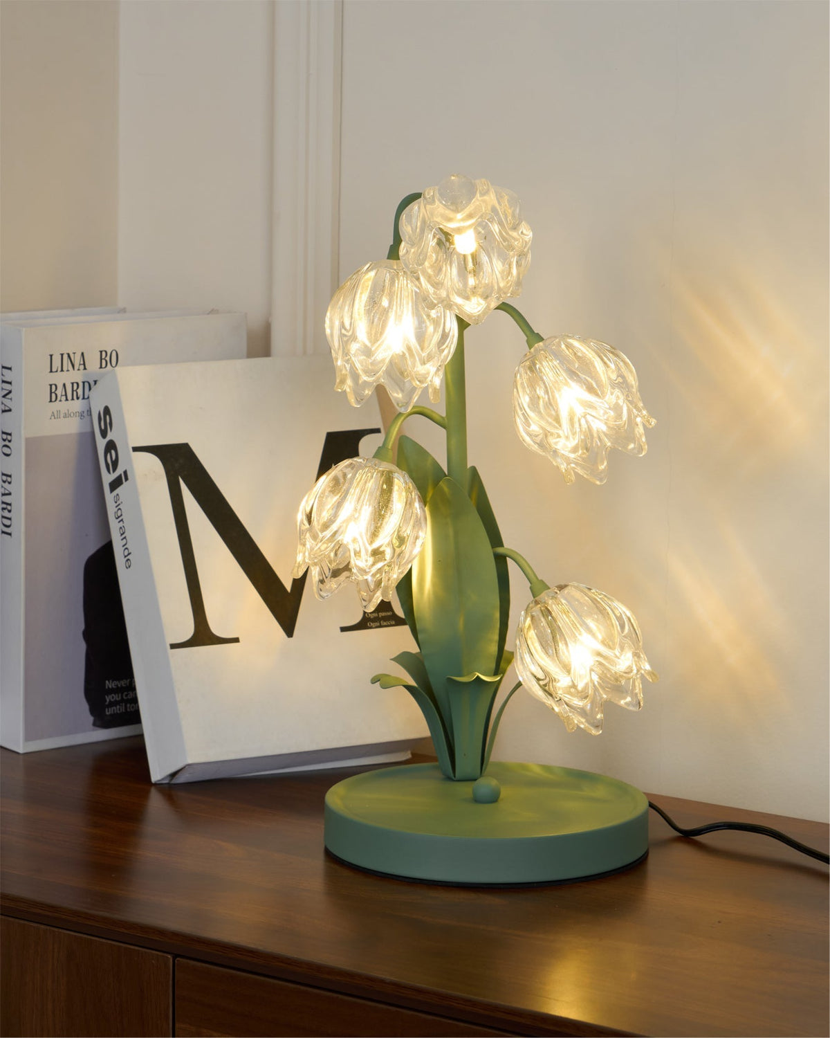 Floral Glass Shade Accent Lamp 7 Inch Green Stem Bedroom Nightstand Light Living Room Decorative Lighting Home Decor Indoor Small Bulb | Thomler