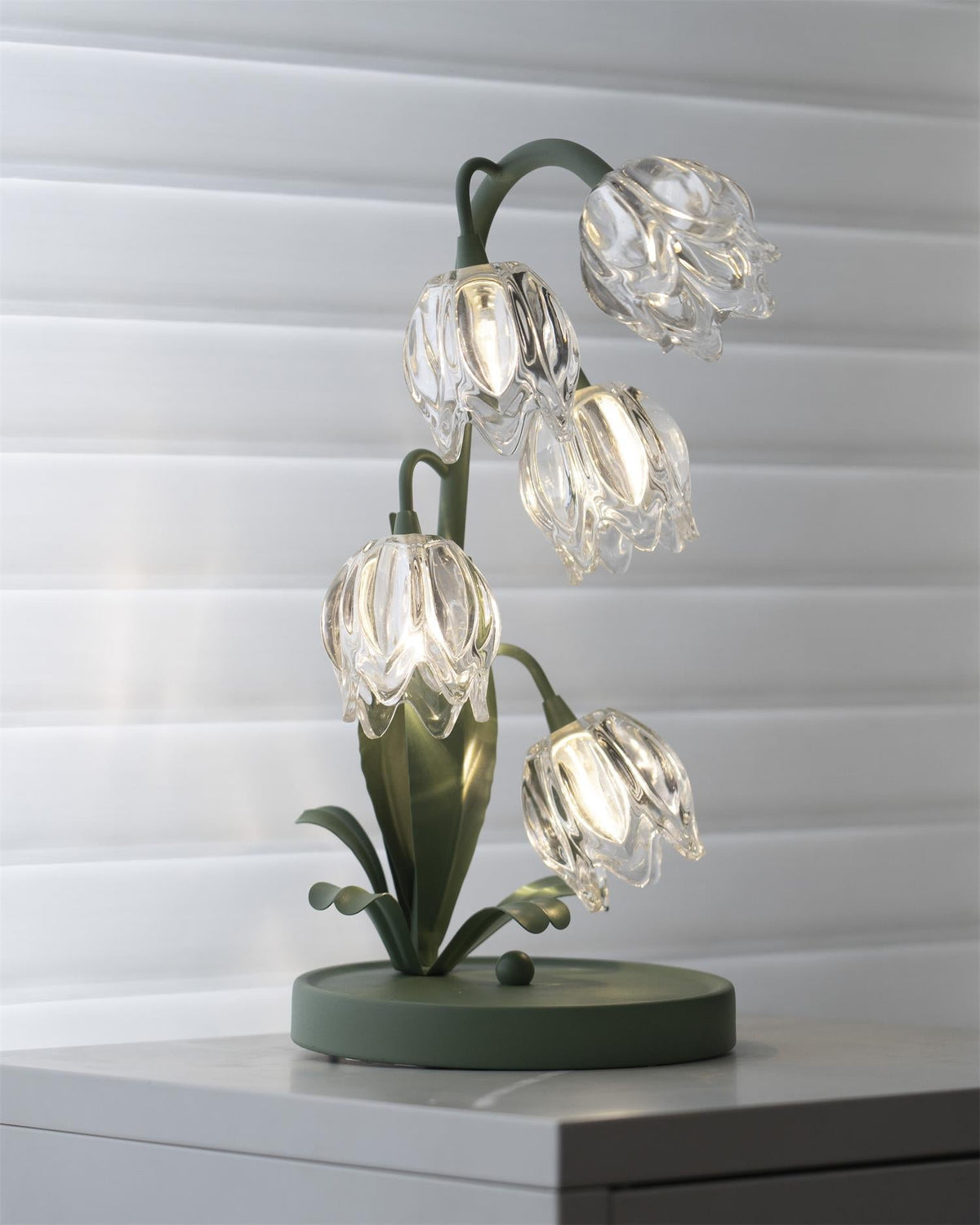 Floral Glass Shade Accent Lamp 7 Inch Green Stem Bedroom Nightstand Light Living Room Decorative Lighting Home Decor Indoor Small Bulb | Thomler
