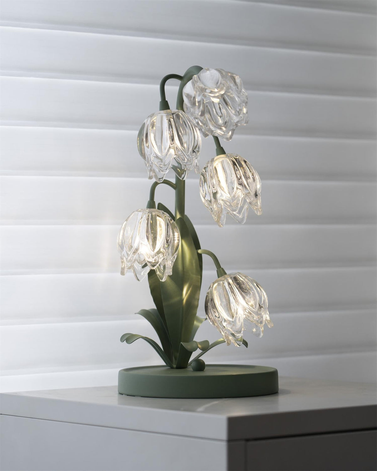 Floral Glass Shade Accent Lamp 7 Inch Green Stem Bedroom Nightstand Light Living Room Decorative Lighting Home Decor Indoor Small Bulb | Thomler