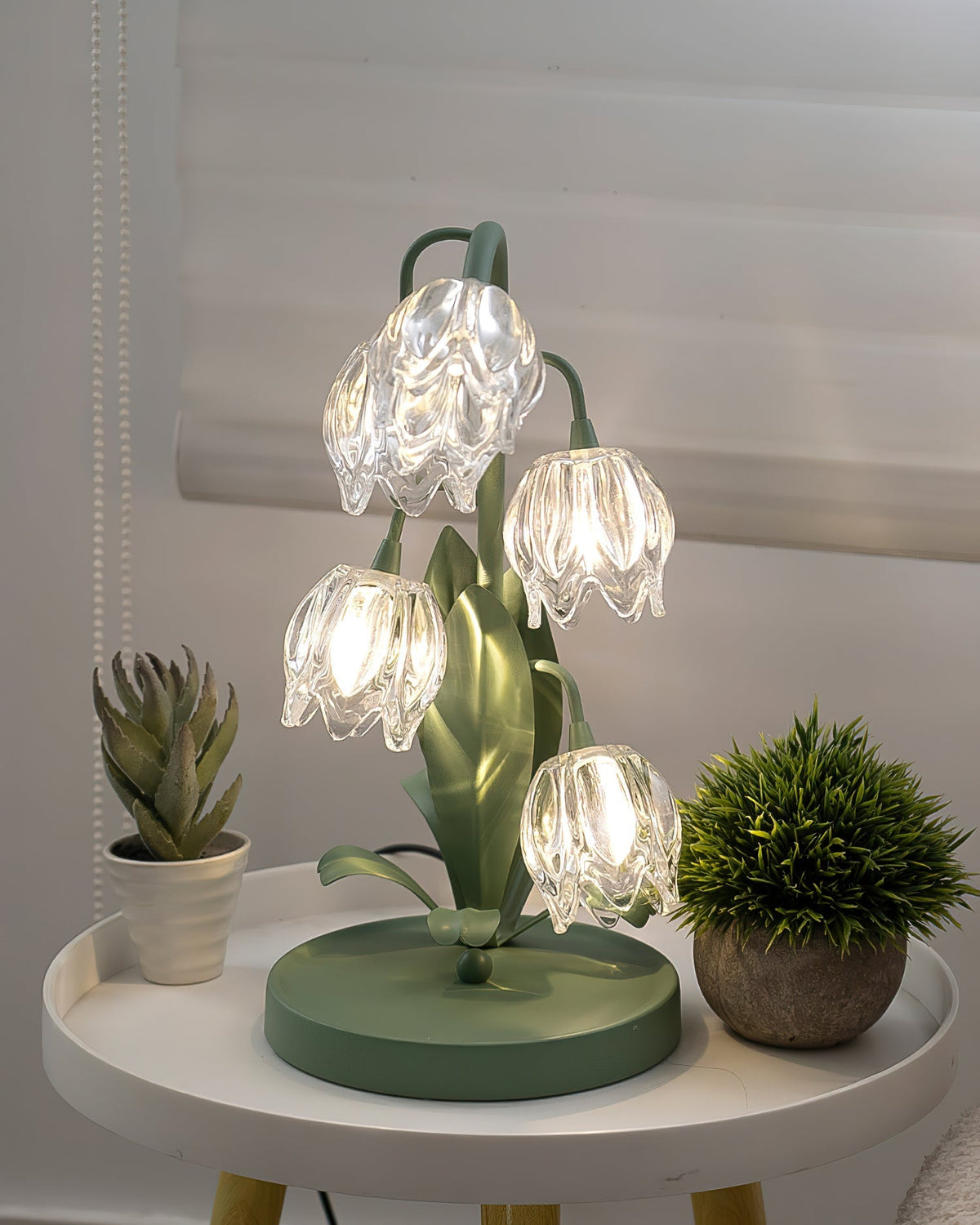 Floral Glass Shade Accent Lamp 7 Inch Green Stem Bedroom Nightstand Light Living Room Decorative Lighting Home Decor Indoor Small Bulb | Thomler