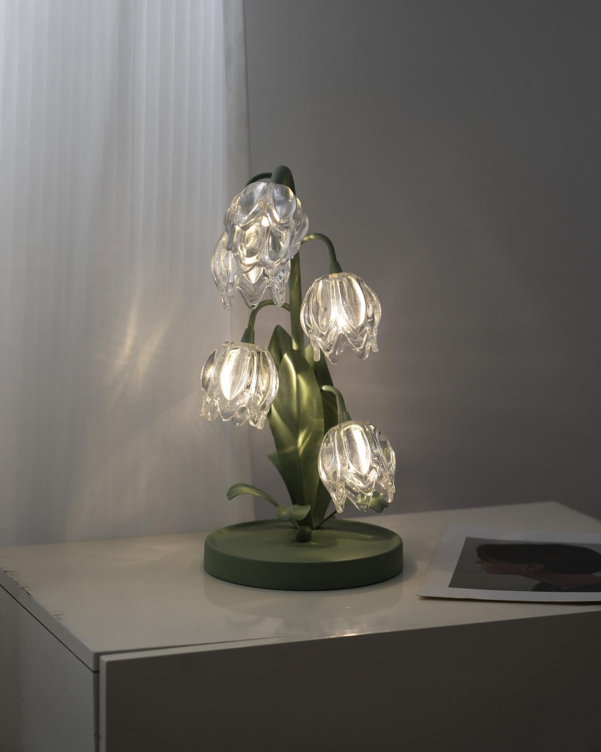Floral Glass Shade Accent Lamp 7 Inch Green Stem Bedroom Nightstand Light Living Room Decorative Lighting Home Decor Indoor Small Bulb | Thomler