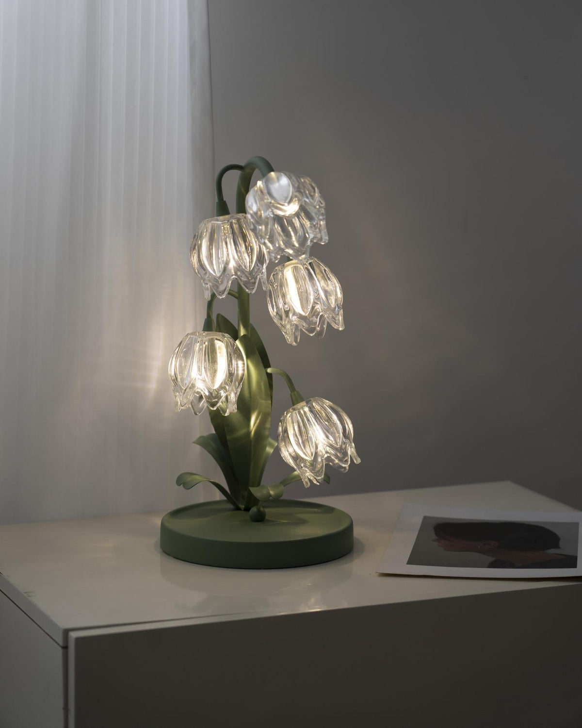 Floral Glass Shade Accent Lamp 7 Inch Green Stem Bedroom Nightstand Light Living Room Decorative Lighting Home Decor Indoor Small Bulb | Thomler