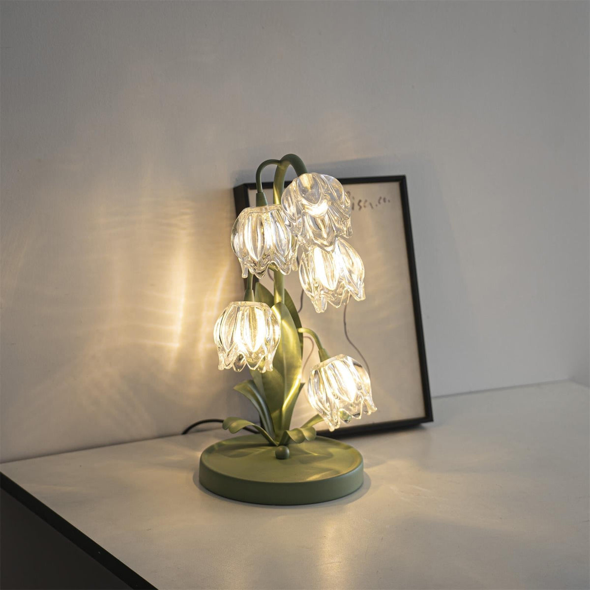 Floral Glass Shade Accent Lamp 7 Inch Green Stem Bedroom Nightstand Light Living Room Decorative Lighting Home Decor Indoor Small Bulb | Thomler