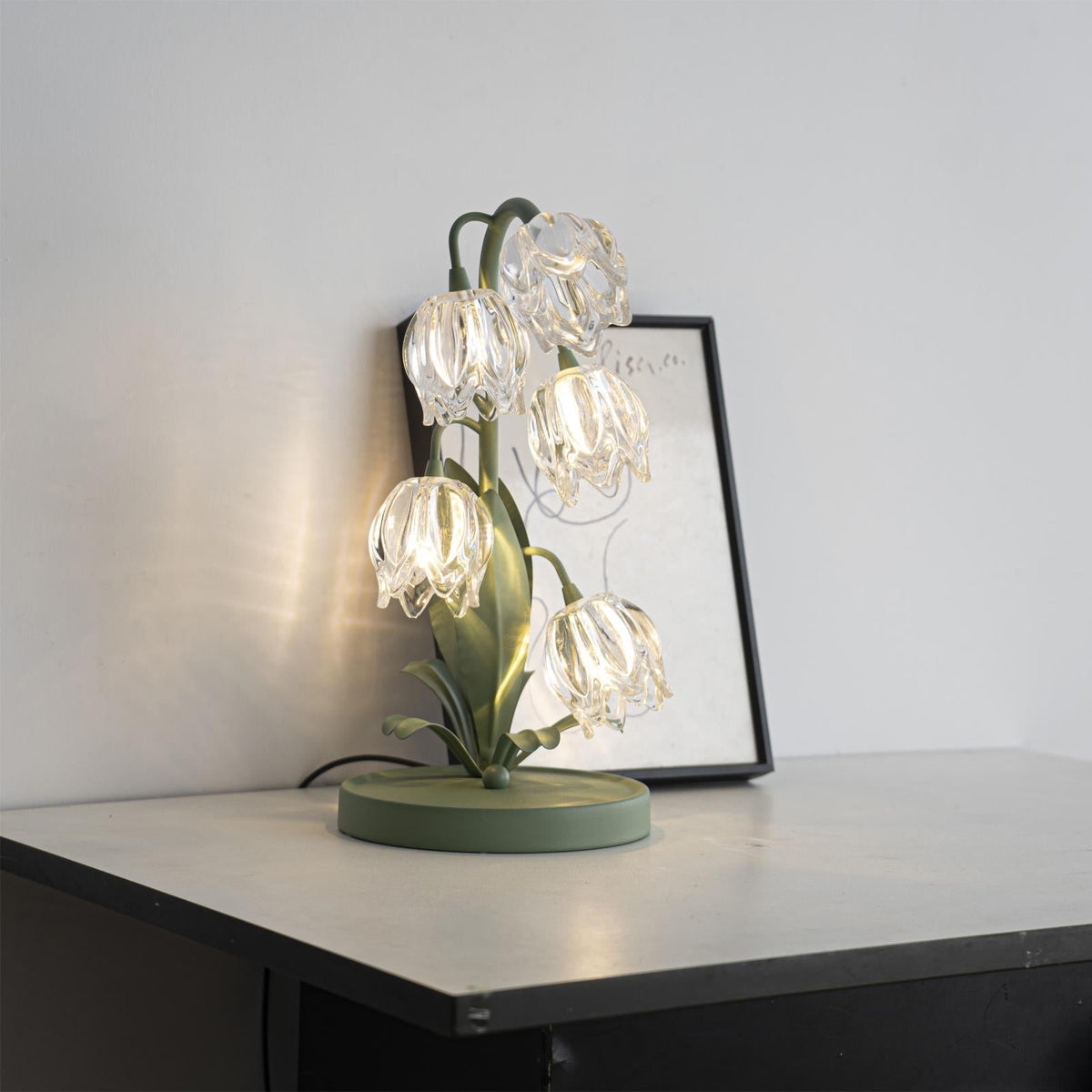 Floral Glass Shade Accent Lamp 7 Inch Green Stem Bedroom Nightstand Light Living Room Decorative Lighting Home Decor Indoor Small Bulb | Thomler