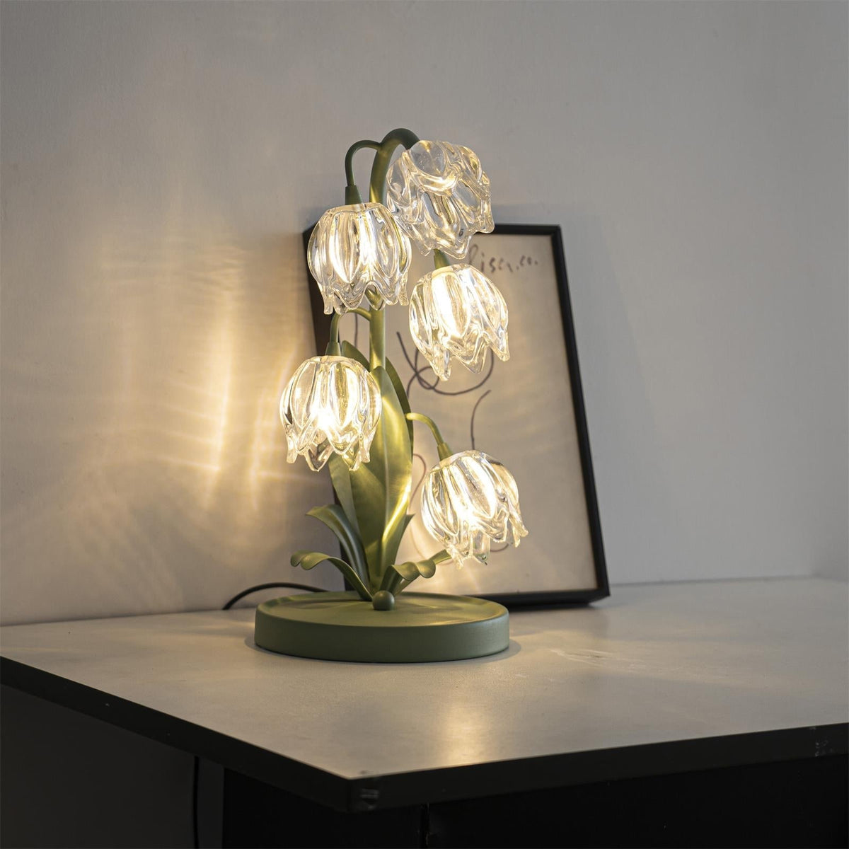 Floral Glass Shade Accent Lamp 7 Inch Green Stem Bedroom Nightstand Light Living Room Decorative Lighting Home Decor Indoor Small Bulb | Thomler