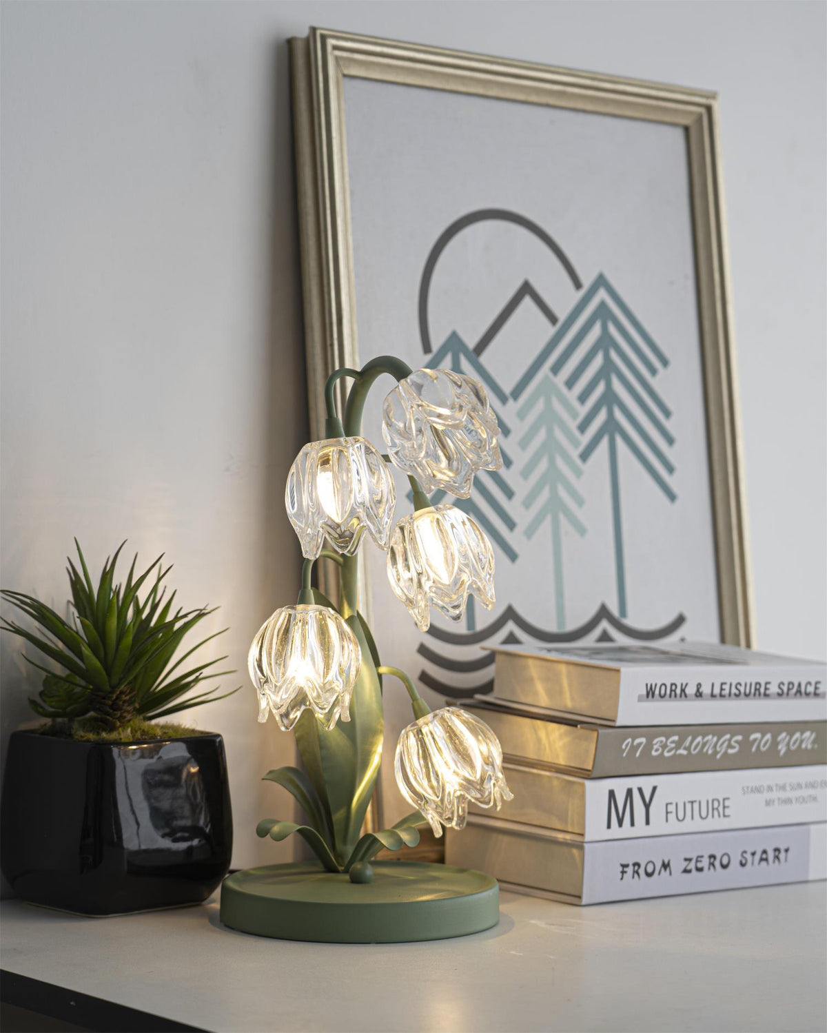Floral Glass Shade Accent Lamp 7 Inch Green Stem Bedroom Nightstand Light Living Room Decorative Lighting Home Decor Indoor Small Bulb | Thomler