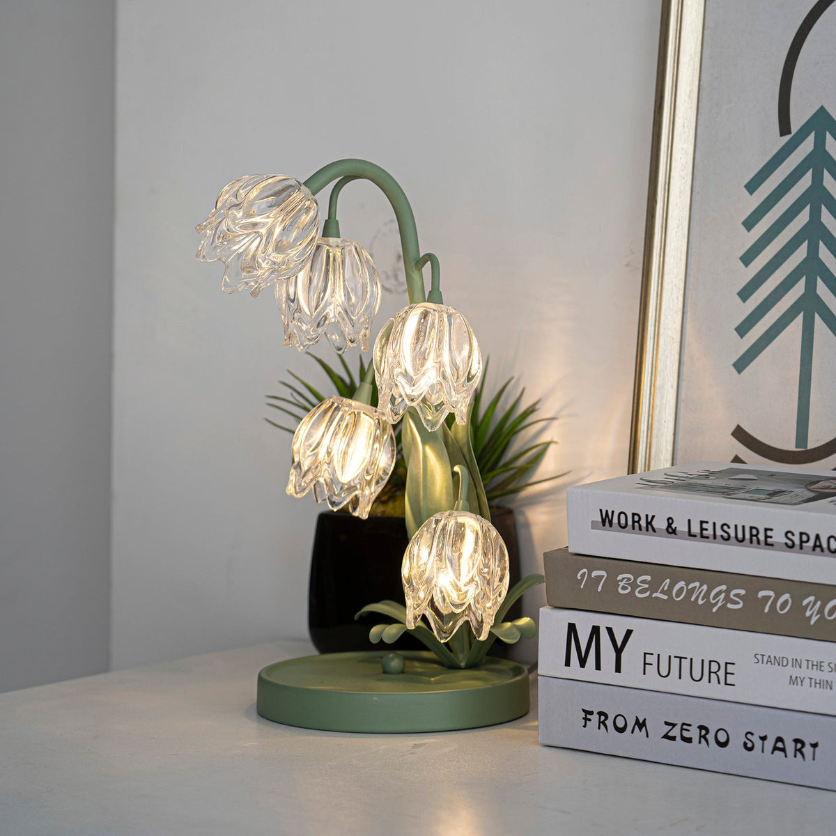 Floral Glass Shade Accent Lamp 7 Inch Green Stem Bedroom Nightstand Light Living Room Decorative Lighting Home Decor Indoor Small Bulb | Thomler