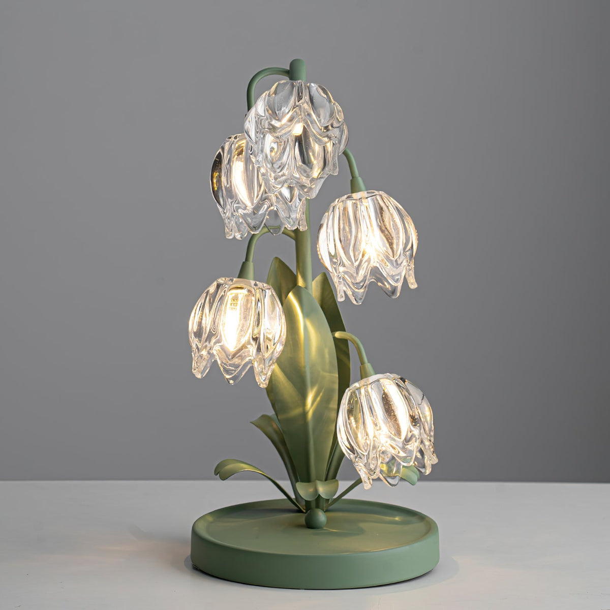 Floral Glass Shade Accent Lamp 7 Inch Green Stem Bedroom Nightstand Light Living Room Decorative Lighting Home Decor Indoor Small Bulb | Thomler