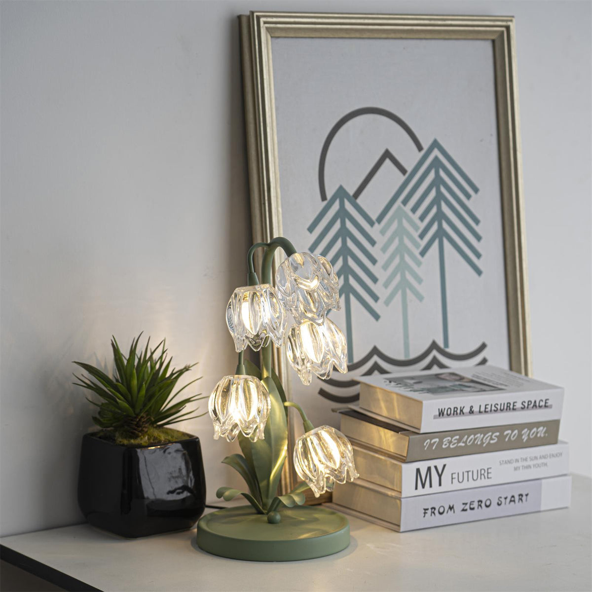 Floral Glass Shade Accent Lamp 7 Inch Green Stem Bedroom Nightstand Light Living Room Decorative Lighting Home Decor Indoor Small Bulb | Thomler