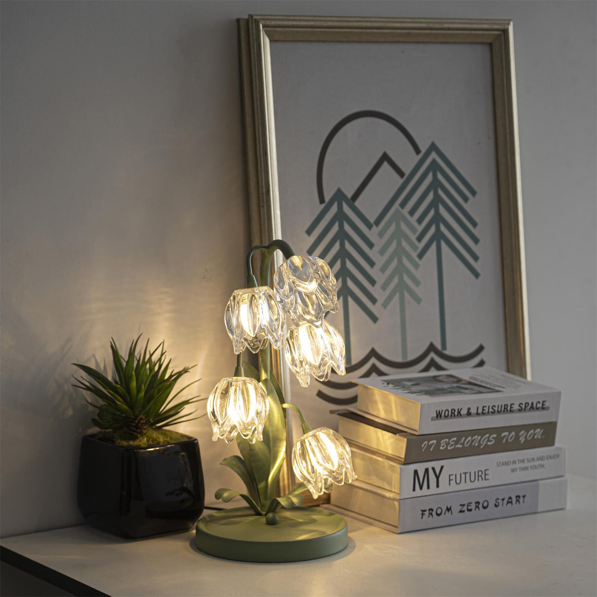 Floral Glass Shade Accent Lamp 7 Inch Green Stem Bedroom Nightstand Light Living Room Decorative Lighting Home Decor Indoor Small Bulb | Thomler
