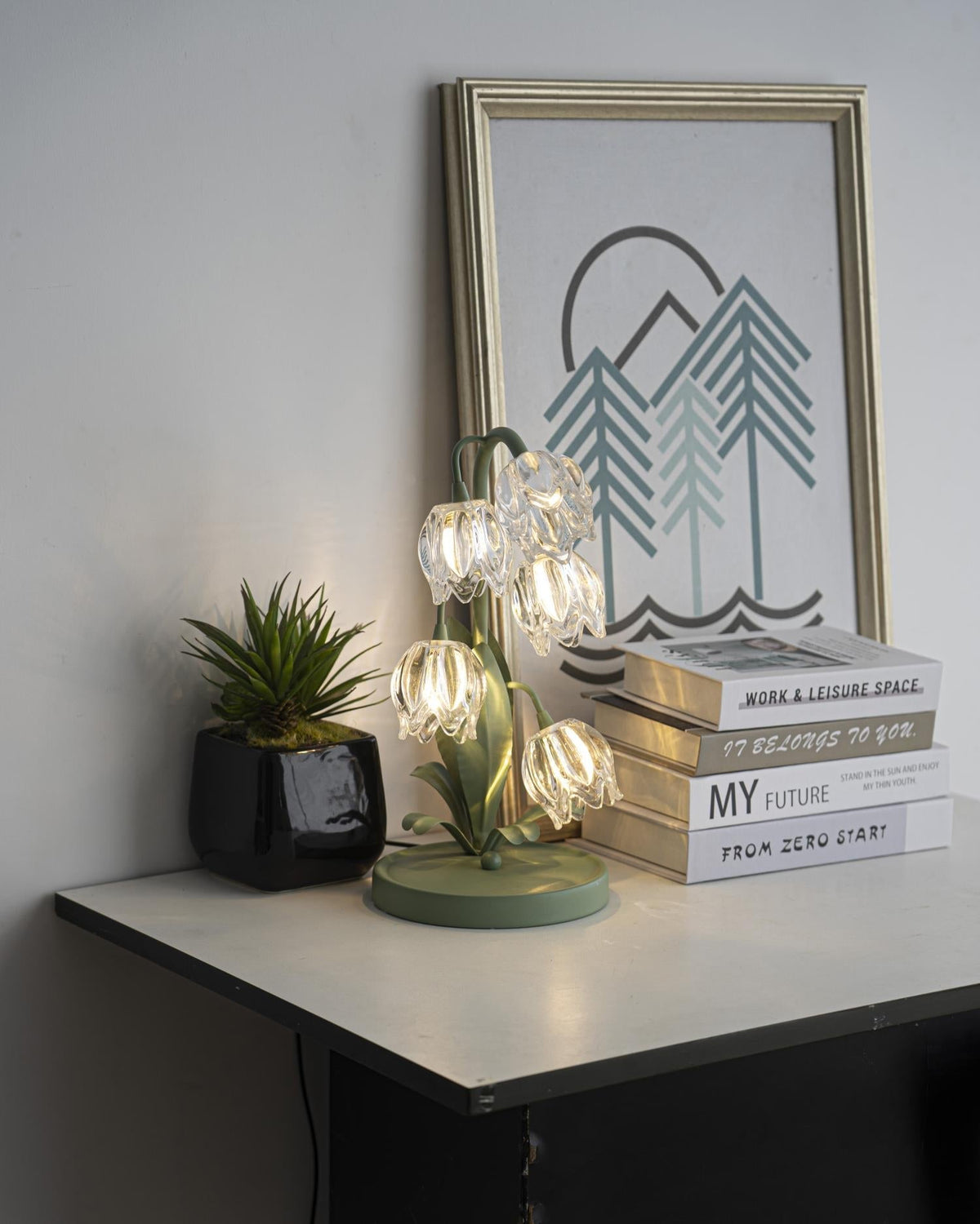 Floral Glass Shade Accent Lamp 7 Inch Green Stem Bedroom Nightstand Light Living Room Decorative Lighting Home Decor Indoor Small Bulb | Thomler