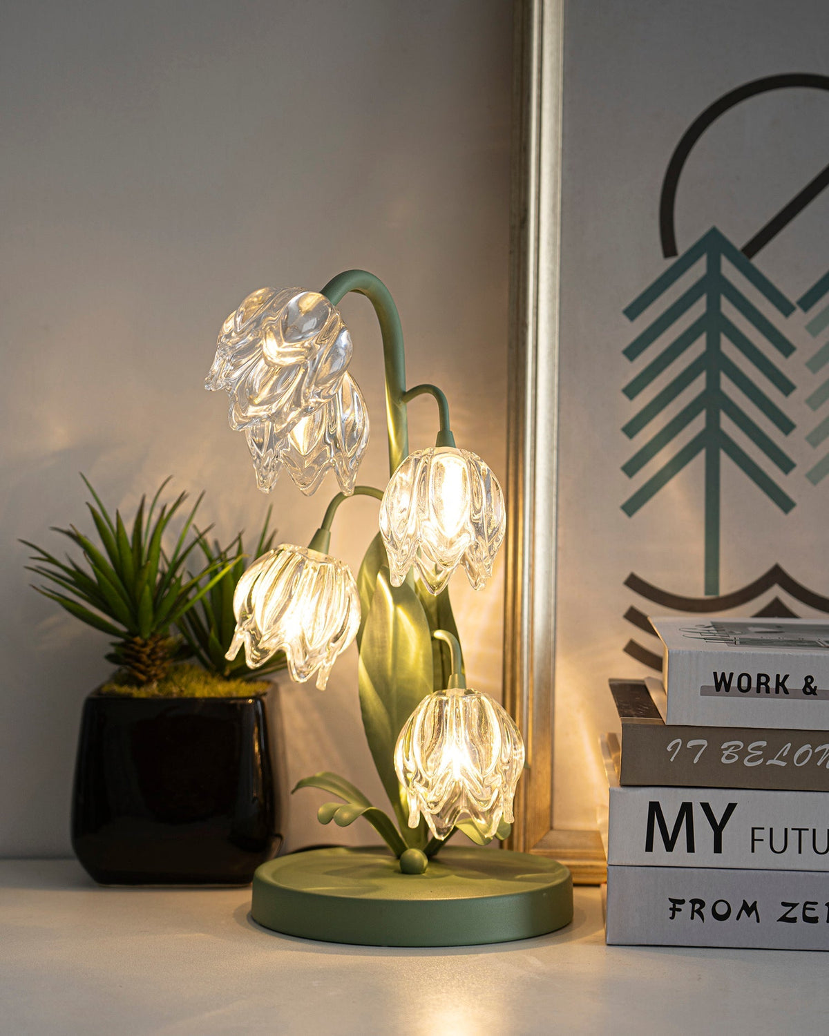 Floral Glass Shade Accent Lamp 7 Inch Green Stem Bedroom Nightstand Light Living Room Decorative Lighting Home Decor Indoor Small Bulb | Thomler