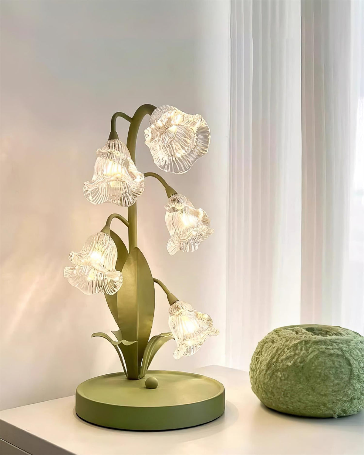Floral Glass Shade Accent Lamp 7 Inch Green Stem Bedroom Nightstand Light Living Room Decorative Lighting Home Decor Indoor Small Bulb | Thomler