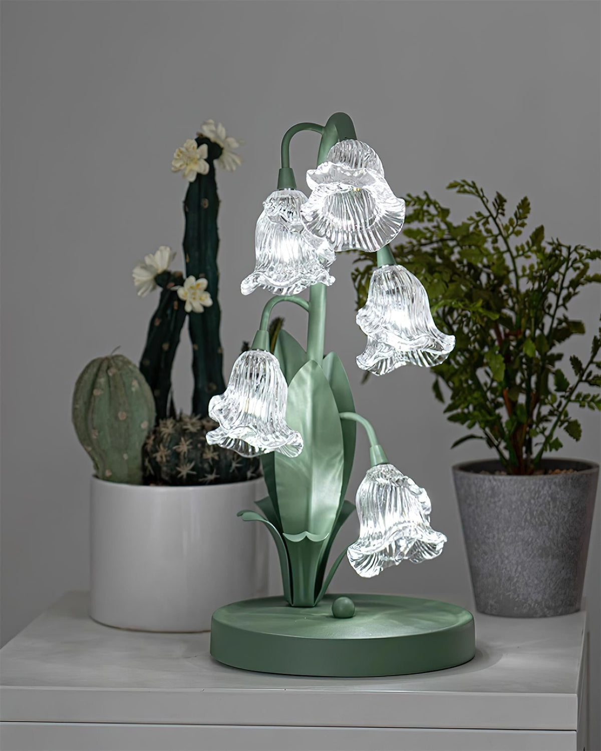 Floral Glass Shade Accent Lamp 7 Inch Green Stem Bedroom Nightstand Light Living Room Decorative Lighting Home Decor Indoor Small Bulb | Thomler