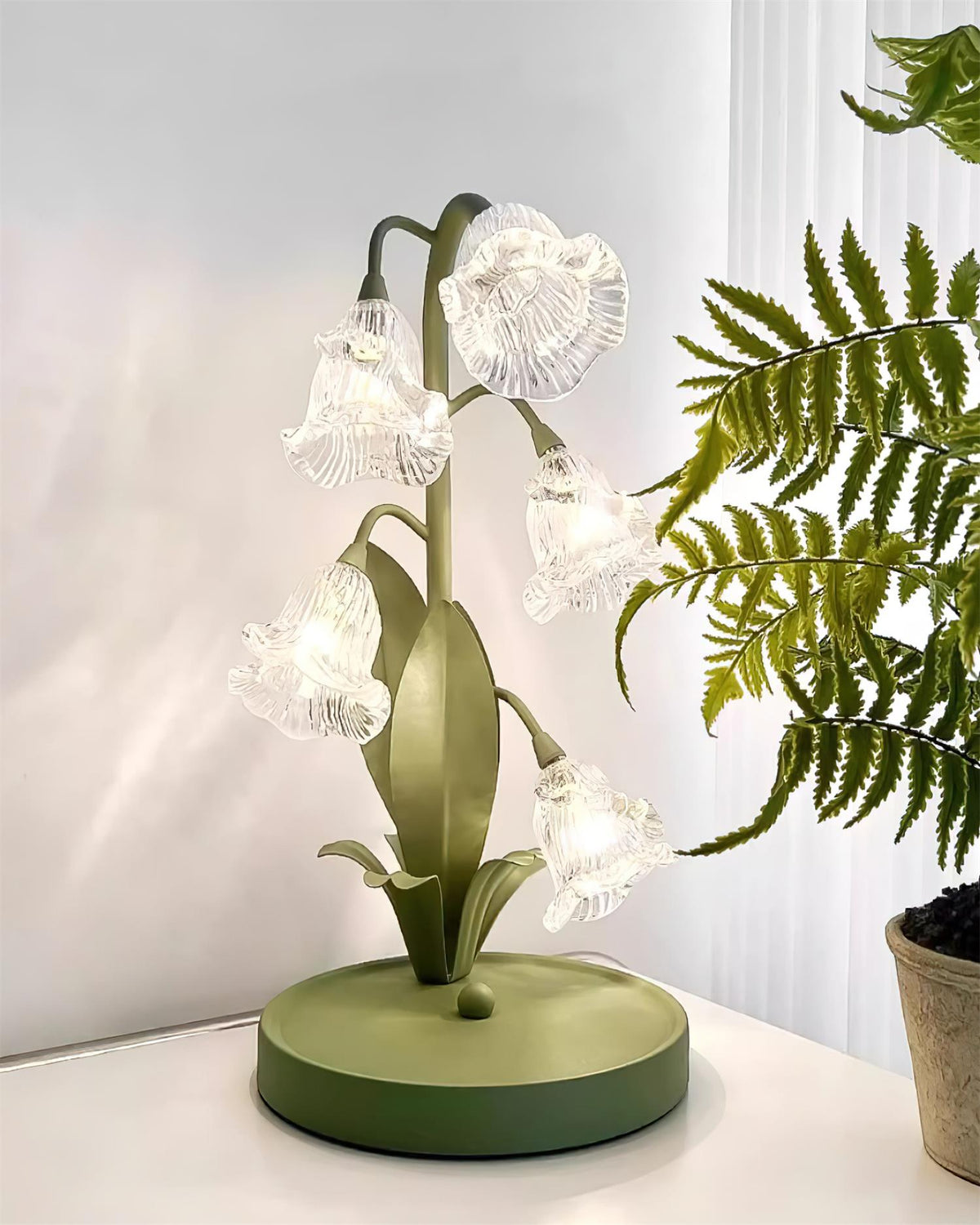 Floral Glass Shade Accent Lamp 7 Inch Green Stem Bedroom Nightstand Light Living Room Decorative Lighting Home Decor Indoor Small Bulb | Thomler