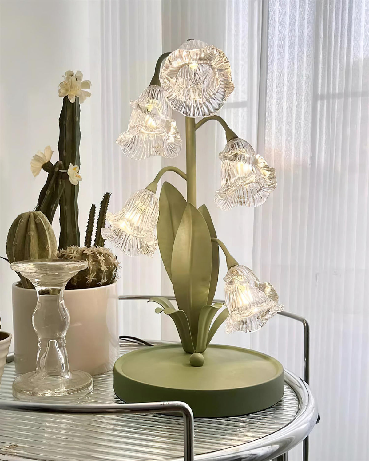 Floral Glass Shade Accent Lamp 7 Inch Green Stem Bedroom Nightstand Light Living Room Decorative Lighting Home Decor Indoor Small Bulb | Thomler