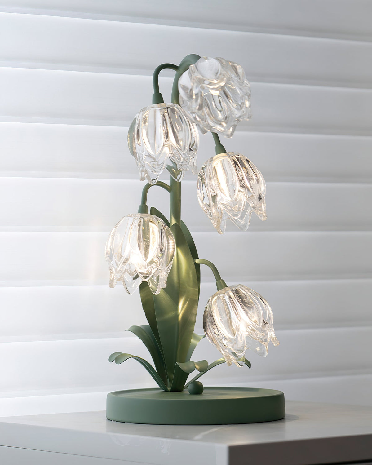 Floral Glass Shade Accent Lamp 7 Inch Green Stem Bedroom Nightstand Light Living Room Decorative Lighting Home Decor Indoor Small Bulb | Thomler