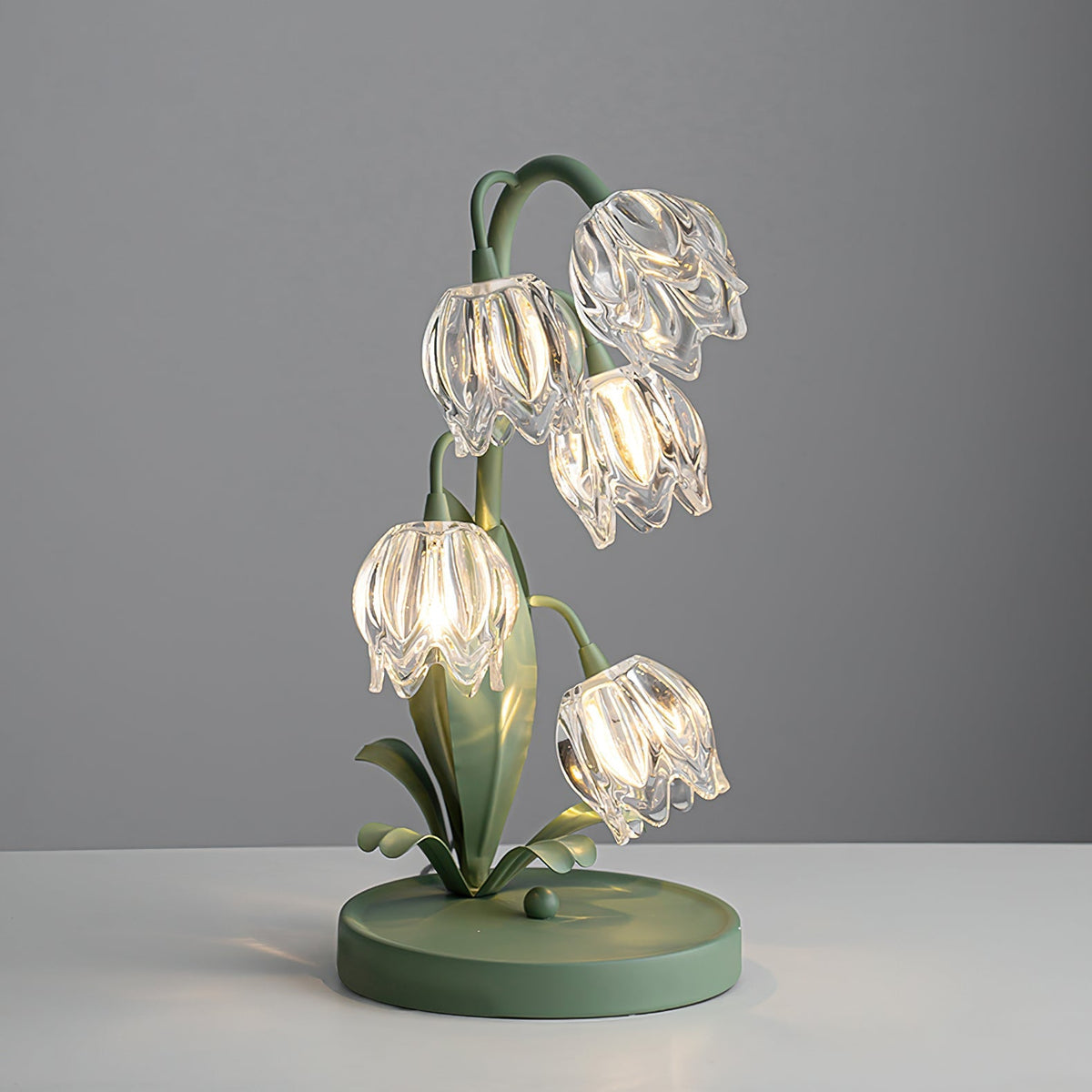 Floral Glass Shade Accent Lamp 7 Inch Green Stem Bedroom Nightstand Light Living Room Decorative Lighting Home Decor Indoor Small Bulb | Thomler