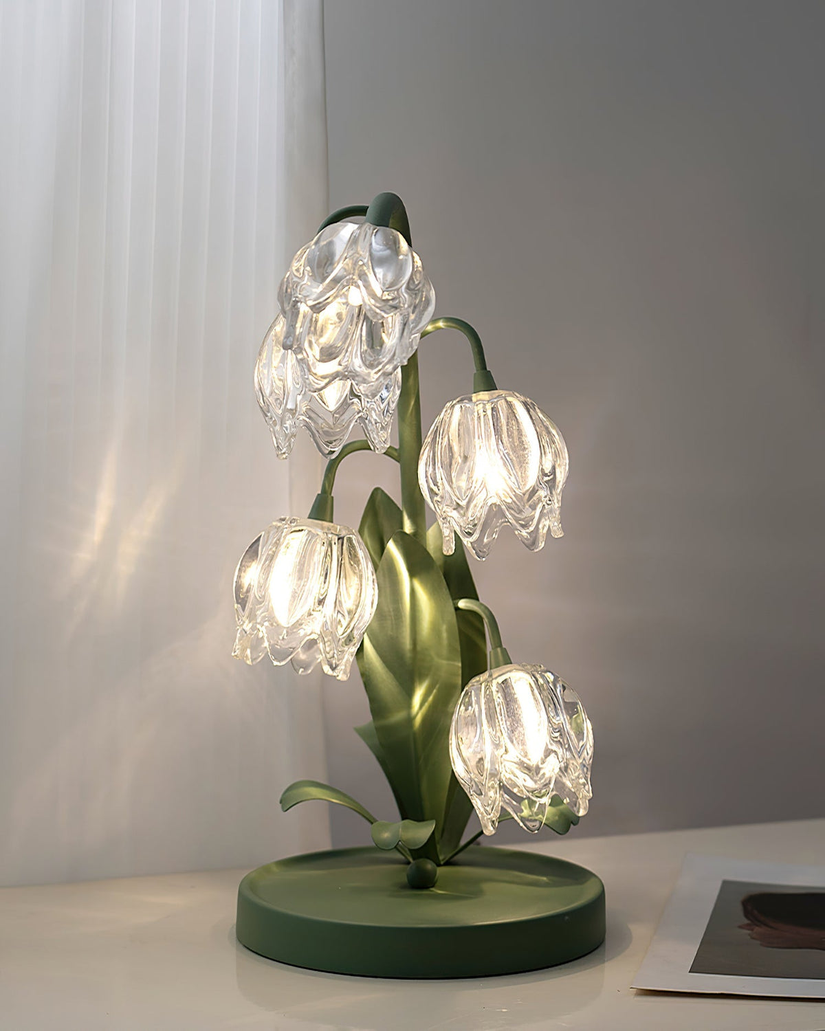 Floral Glass Shade Accent Lamp 7 Inch Green Stem Bedroom Nightstand Light Living Room Decorative Lighting Home Decor Indoor Small Bulb | Thomler