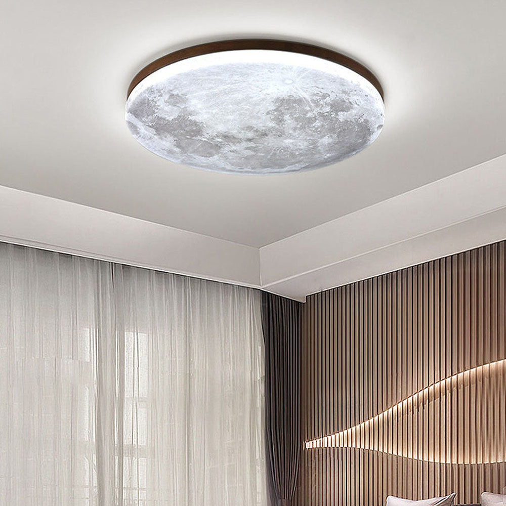 Runde LED-Unterputz-Deckenleuchte mit Mondoberflächen-Design, Holz & Acryl, 48 cm Durchmesser, für Schlafzimmer, Wohnzimmer und Flure, modernes Ambiente