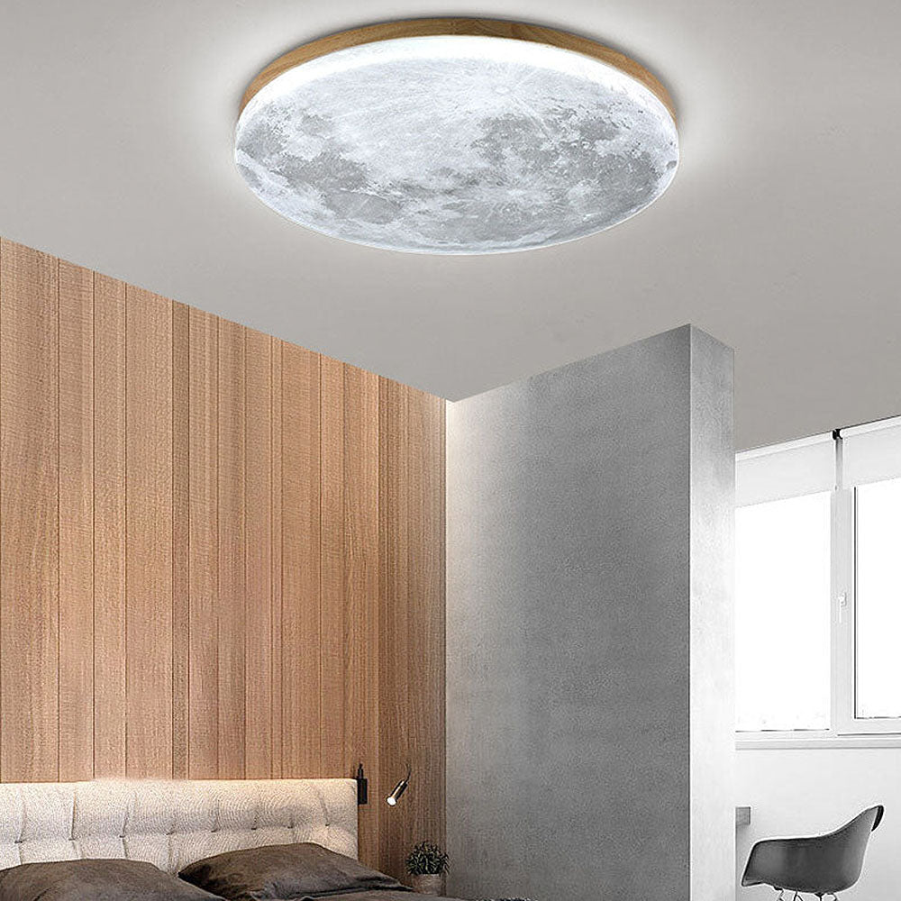 Runde LED-Unterputz-Deckenleuchte mit Mondoberflächen-Design, Holz & Acryl, 48 cm Durchmesser, für Schlafzimmer, Wohnzimmer und Flure, modernes Ambiente