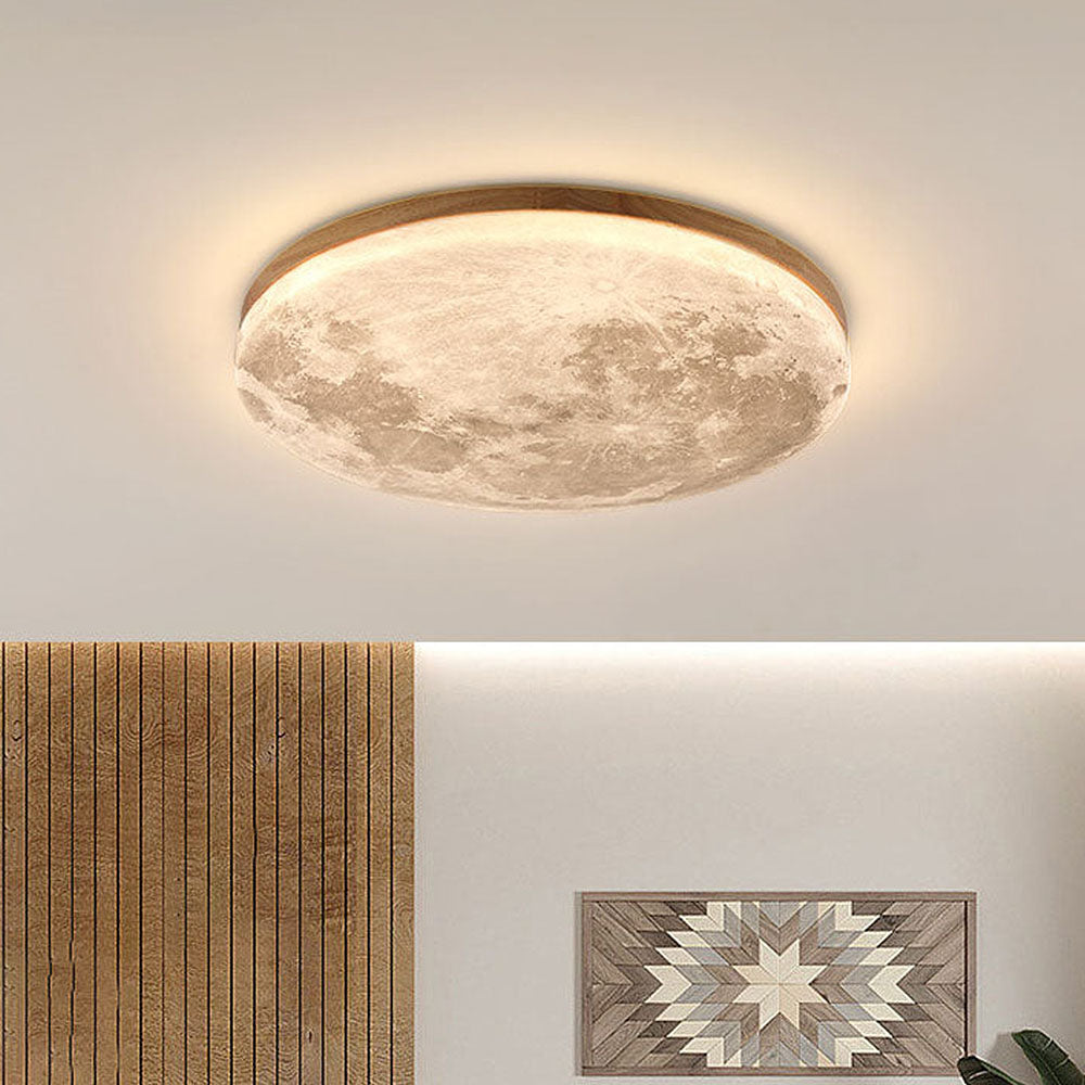 Runde LED-Unterputz-Deckenleuchte mit Mondoberflächen-Design, Holz & Acryl, 48 cm Durchmesser, für Schlafzimmer, Wohnzimmer und Flure, modernes Ambiente