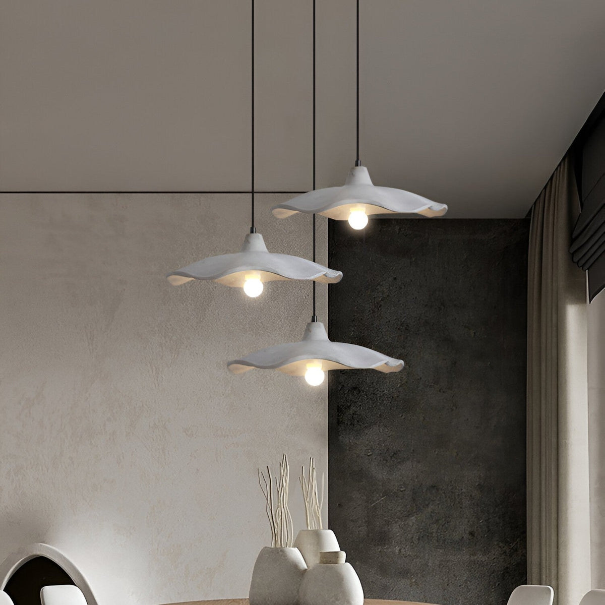 Concrete Hanging Light 16-Inch Organic Petal Shape for Dining Room Kitchen Island Bedroom Wabi-Sabi Style Adjustable Cord LED Compatible Mod | Thomler