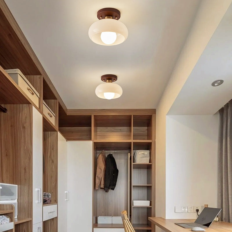 Mid-Century Opalglas-Deckenleuchte mit Holzakzent – Warme Ambient-Anbaulampe für Wohn- und Schlafzimmer