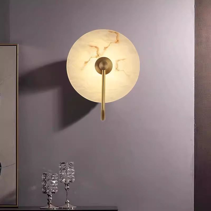Alabaster Disc Sconce with Gold Arm – Natural Stone Wall Light for Bedroom, Living Room & Hallway – Integrated LED 6 to 12 Inch – Warm White | Thomler