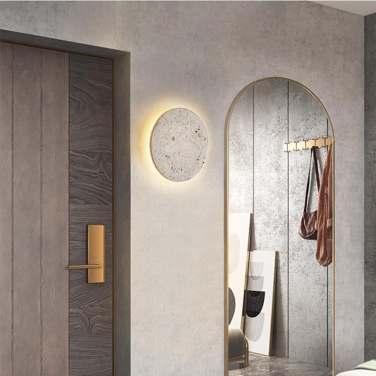 Round Stone Wall Sconce with Integrated Warm LED Light for Bedroom Hallway Living Room Modern Minimalist Travertine Fixture Indoor Ambient L | Thomler