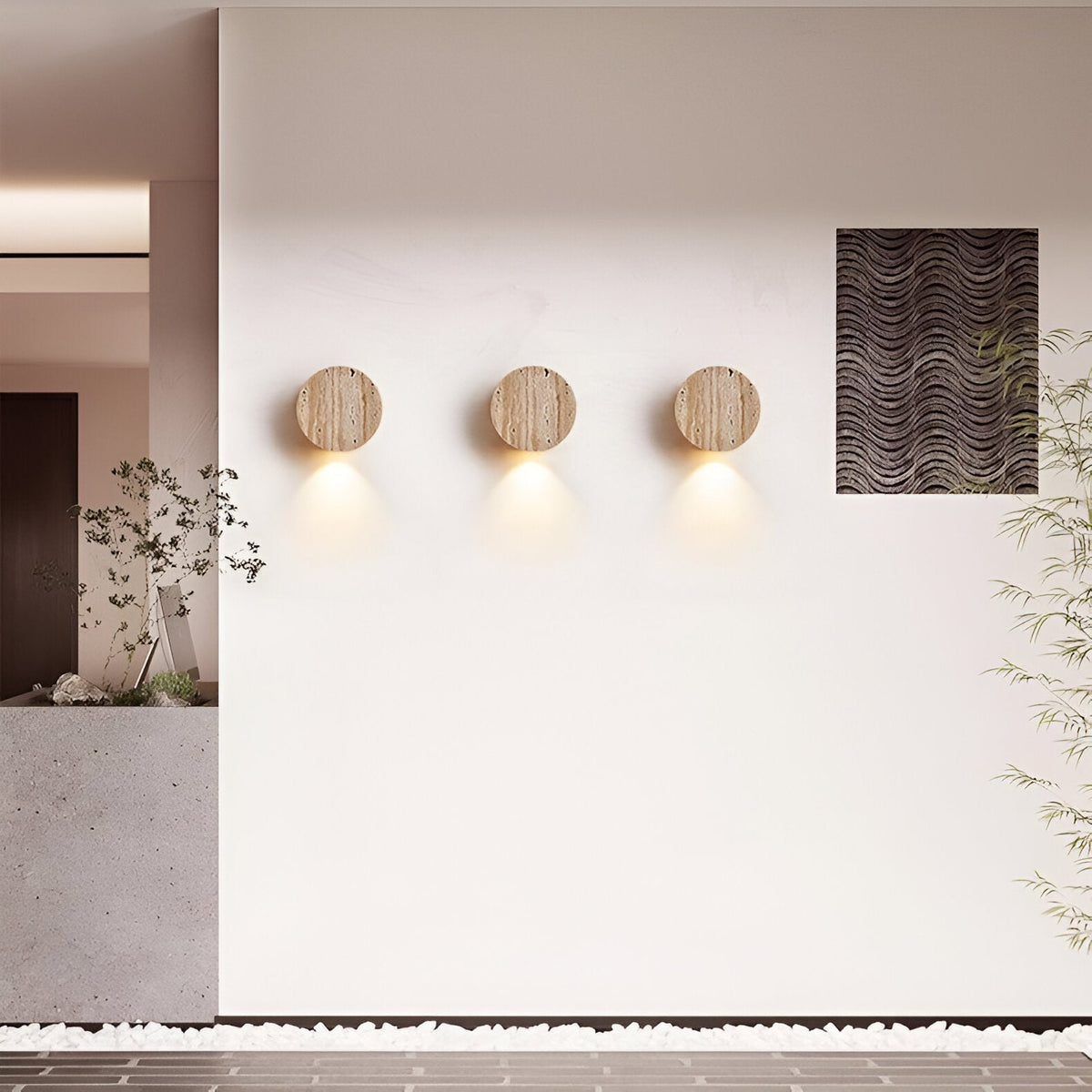Travertine Stone Wall Sconce Round Frosted Glass Up Down Light Fixture 4 Inch Natural Stone Ambient Lighting Bedroom Hallway Entryway Bathro | Thomler