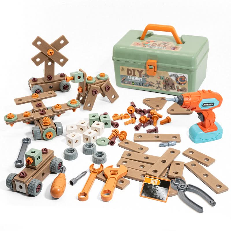 Kinder-Konstruktionsspielzeug-Werkstatt mit realistischen Elektrowerkzeugen, 198-teiliges STEM-Bauset, ABS-Kunststoff, Spielzeug-Bohrmaschine und Schraubendreher für Jungen | Thomler