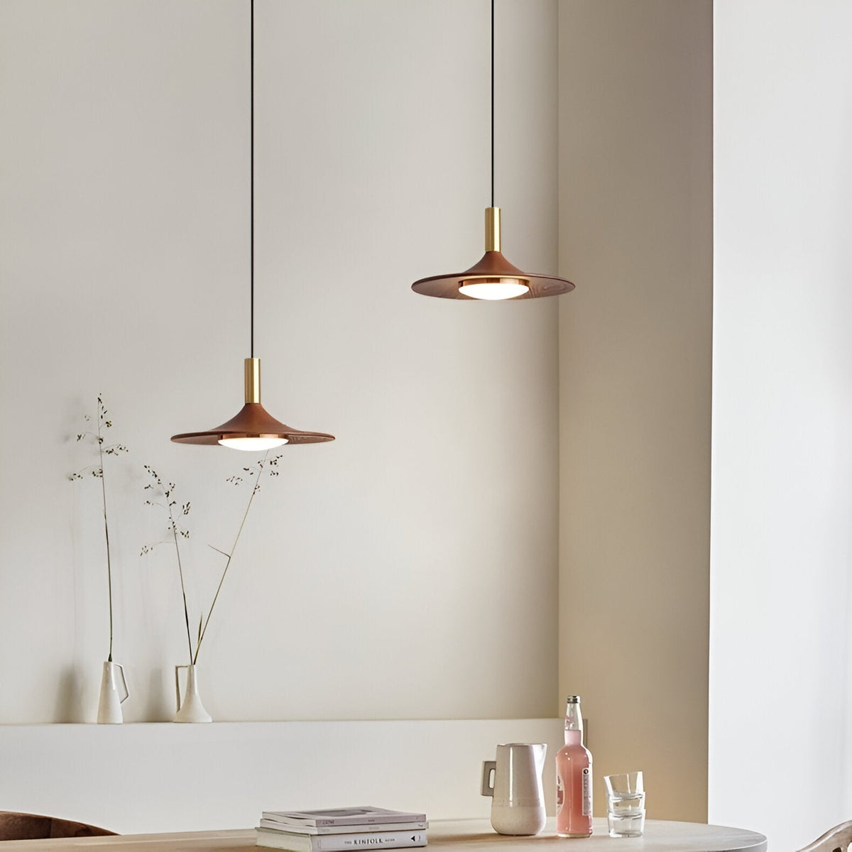 Sculptural Metal Shade Ceiling Fixture with Organic Wood-Tone Accent – 10 in or 14 in Drop Light for Island Counter Bar and Breakfast Nook – | Thomler