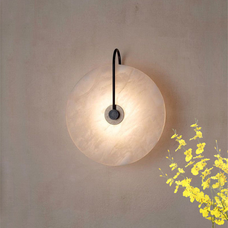 Alabaster Disc Sconce with Gold Arm – Natural Stone Wall Light for Bedroom, Living Room & Hallway – Integrated LED 6 to 12 Inch – Warm White | Thomler