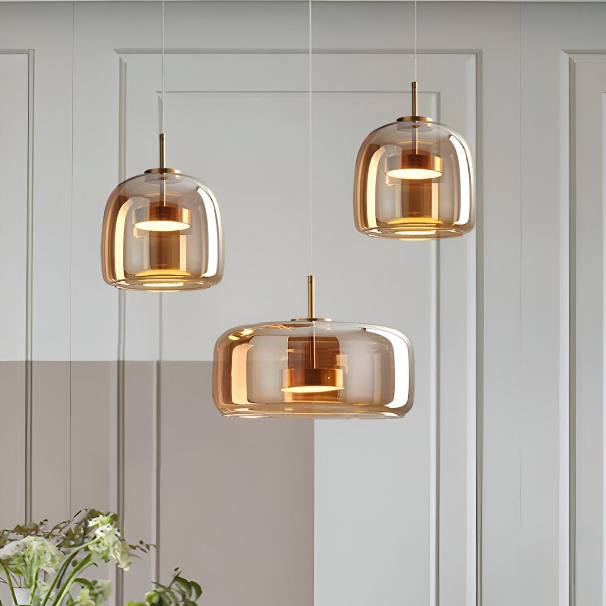 Triple Glass Dome Ceiling Light 15 in Adjustable Height for Kitchen Island Dining Room Modern Hanging Fixture Gray Smoked Finish | Thomler