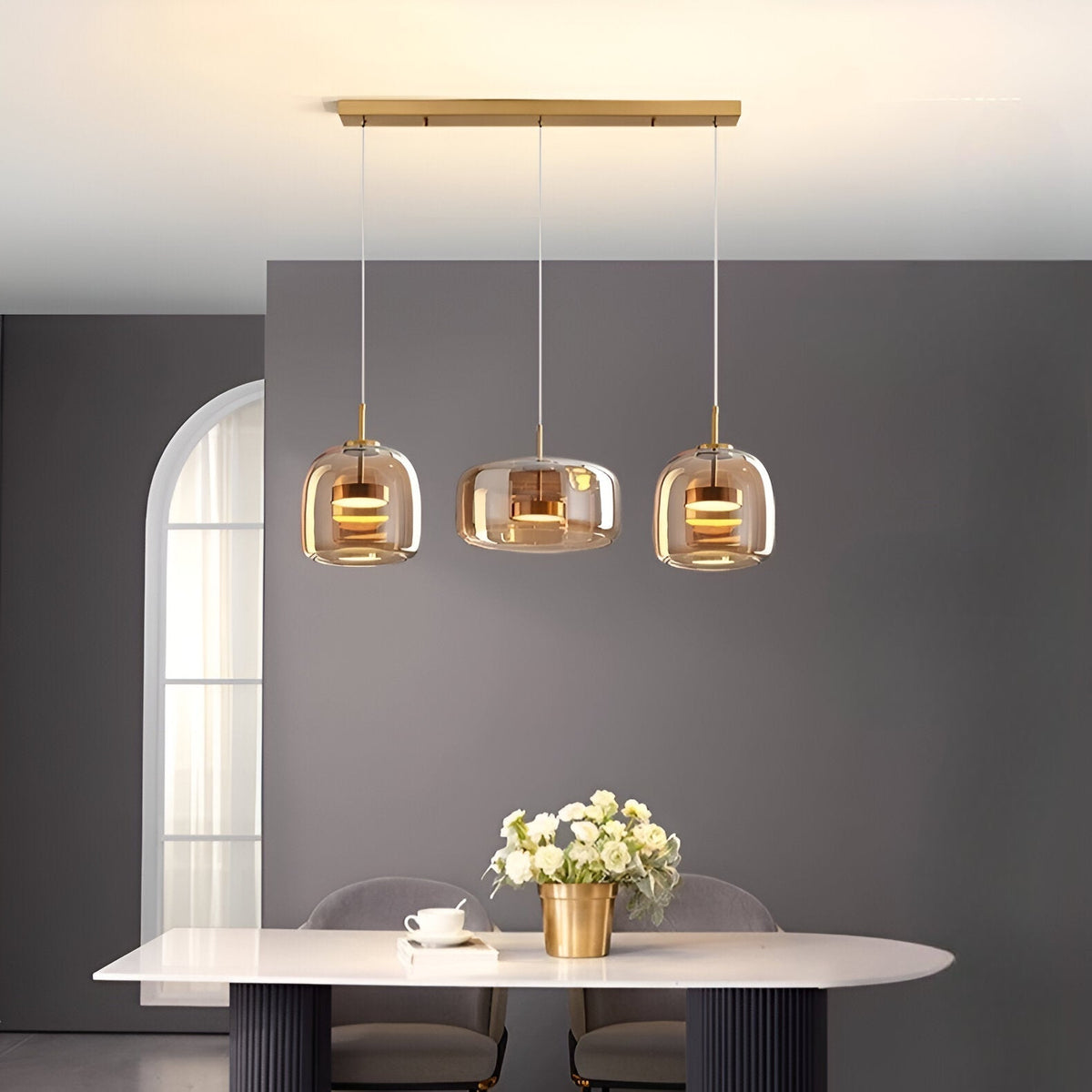 Triple Glass Dome Ceiling Light 15 in Adjustable Height for Kitchen Island Dining Room Modern Hanging Fixture Gray Smoked Finish | Thomler