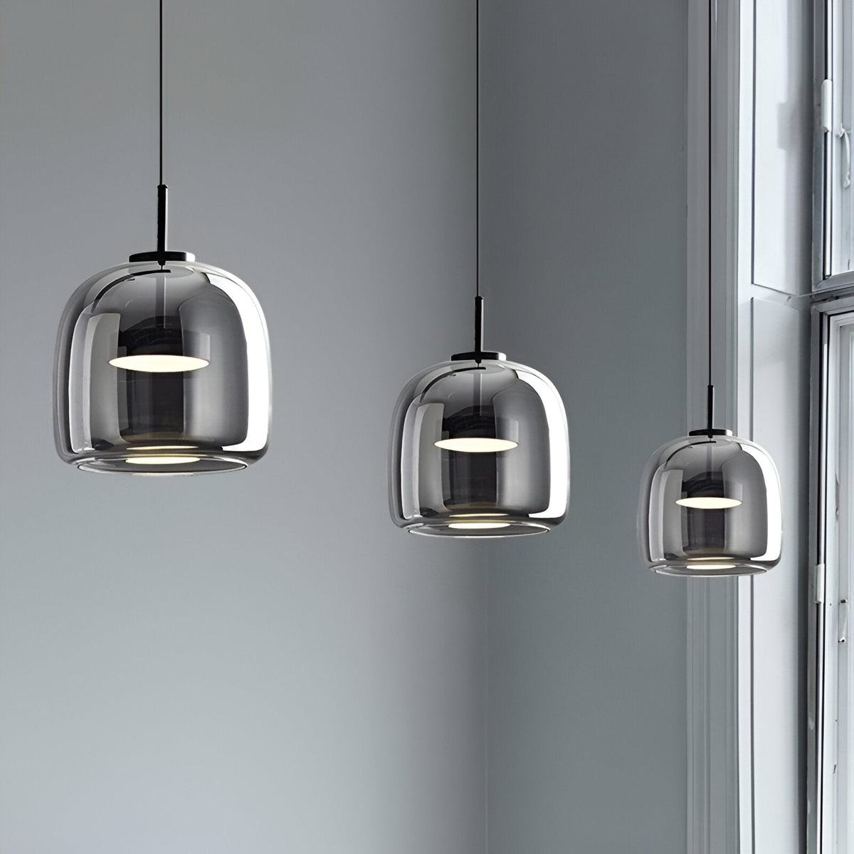 Triple Glass Dome Ceiling Light 15 in Adjustable Height for Kitchen Island Dining Room Modern Hanging Fixture Gray Smoked Finish | Thomler