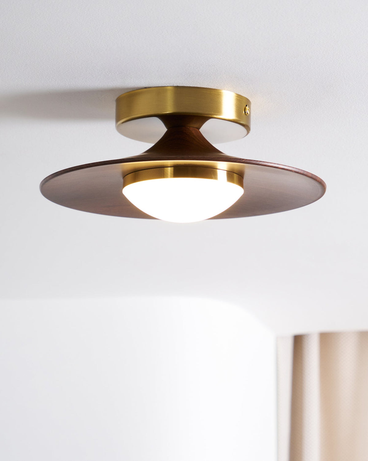 Flush Mount Light Fixture with Wood Accent 9 in Diameter LED for Kitchen Dining Room Entryway Hallway Low Profile Gold Metal Frame Walnut Fi | Thomler