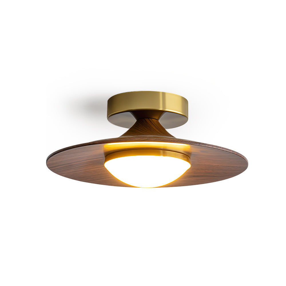 Flush Mount Light Fixture with Wood Accent 9 in Diameter LED for Kitchen Dining Room Entryway Hallway Low Profile Gold Metal Frame Walnut Fi | Thomler