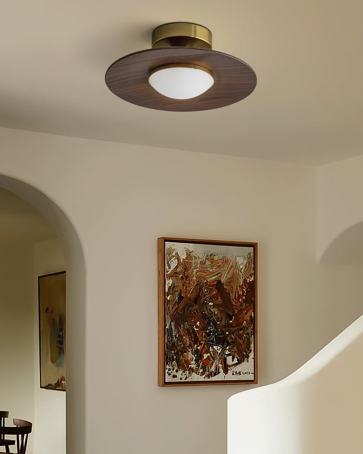 Flush Mount Light Fixture with Wood Accent 9 in Diameter LED for Kitchen Dining Room Entryway Hallway Low Profile Gold Metal Frame Walnut Fi | Thomler